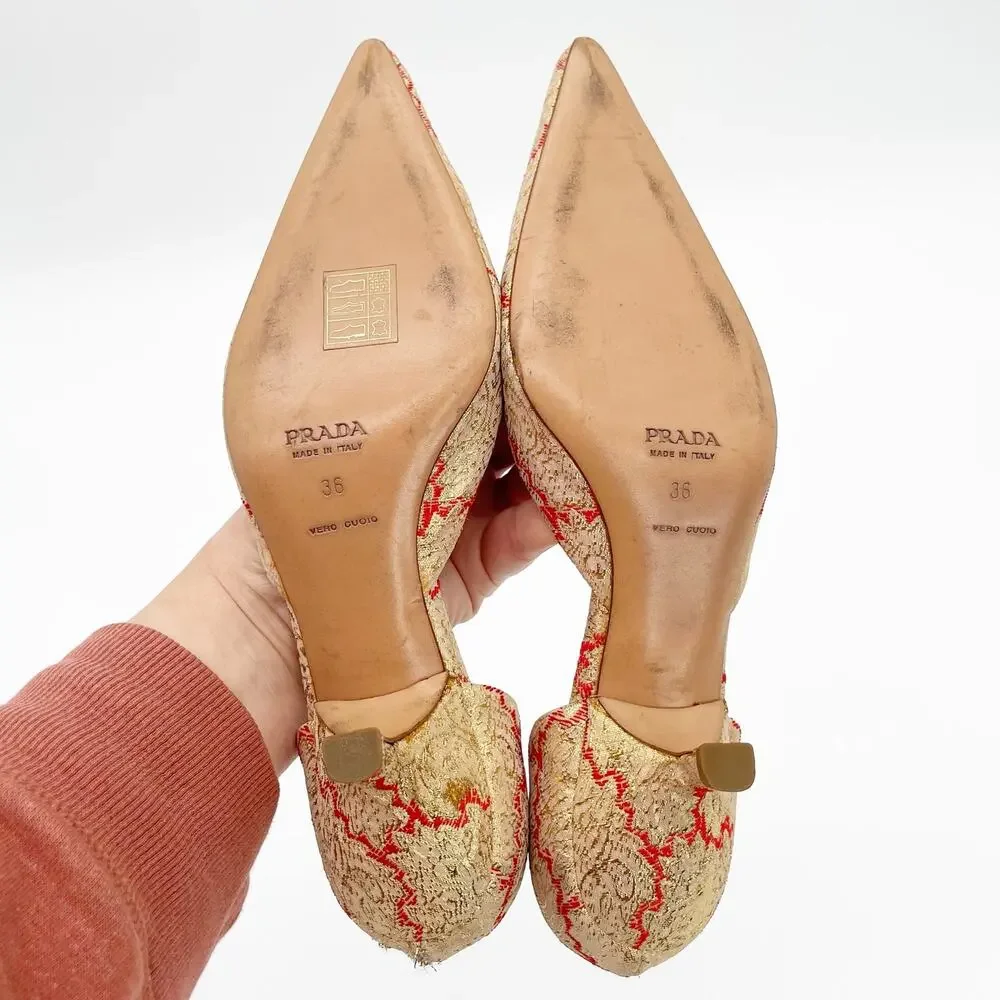 Prada Vintage Gold Brocade Red Woven D’Orsay Pointed Toe Kitten Heels IT 36 - Picture 10 of 12